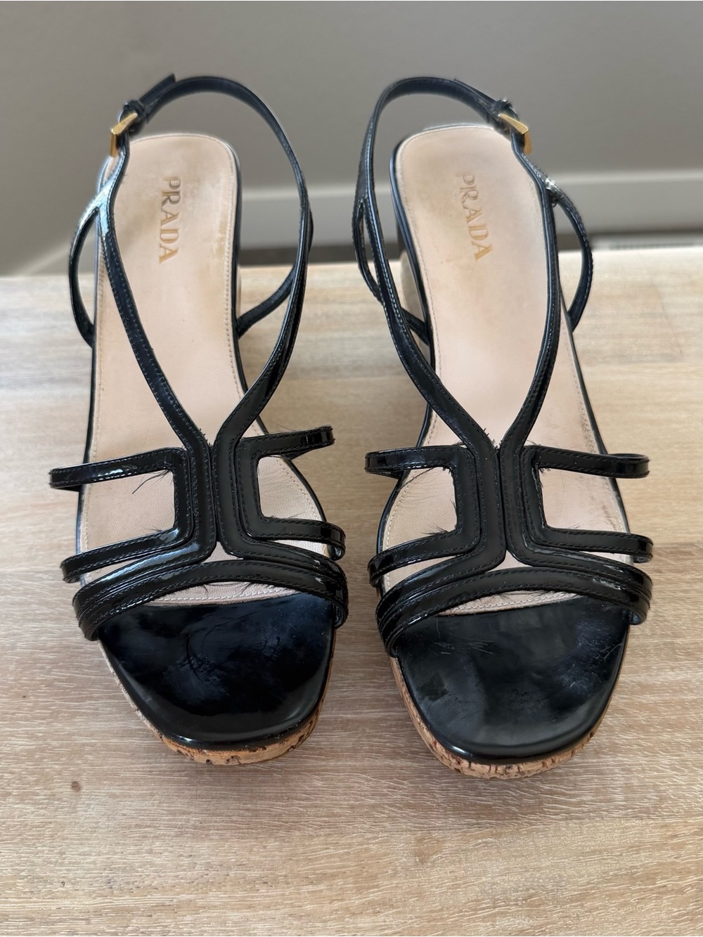 Prada Black Patent Cork Wedges